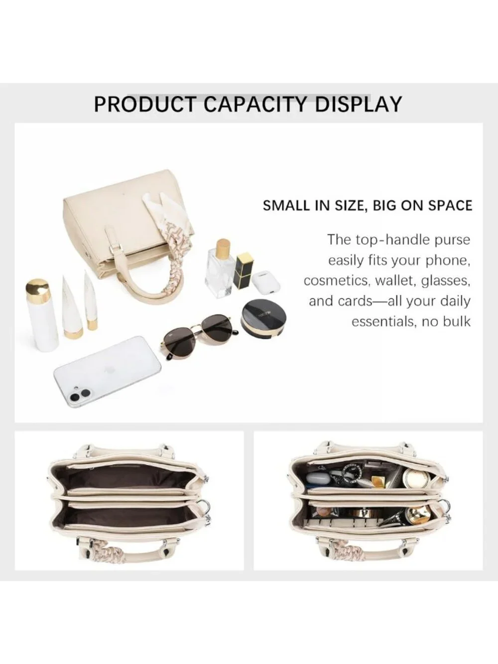 Chic Small Top-Handle Bag for Women, Vegan Leather Satchel with Detachable
